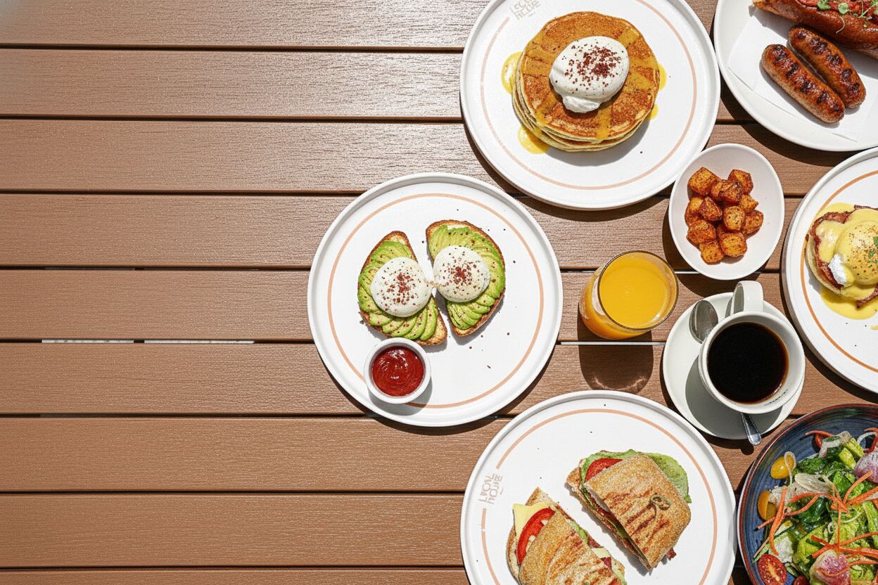 Overhead view of famous brunch dishes at The Local House